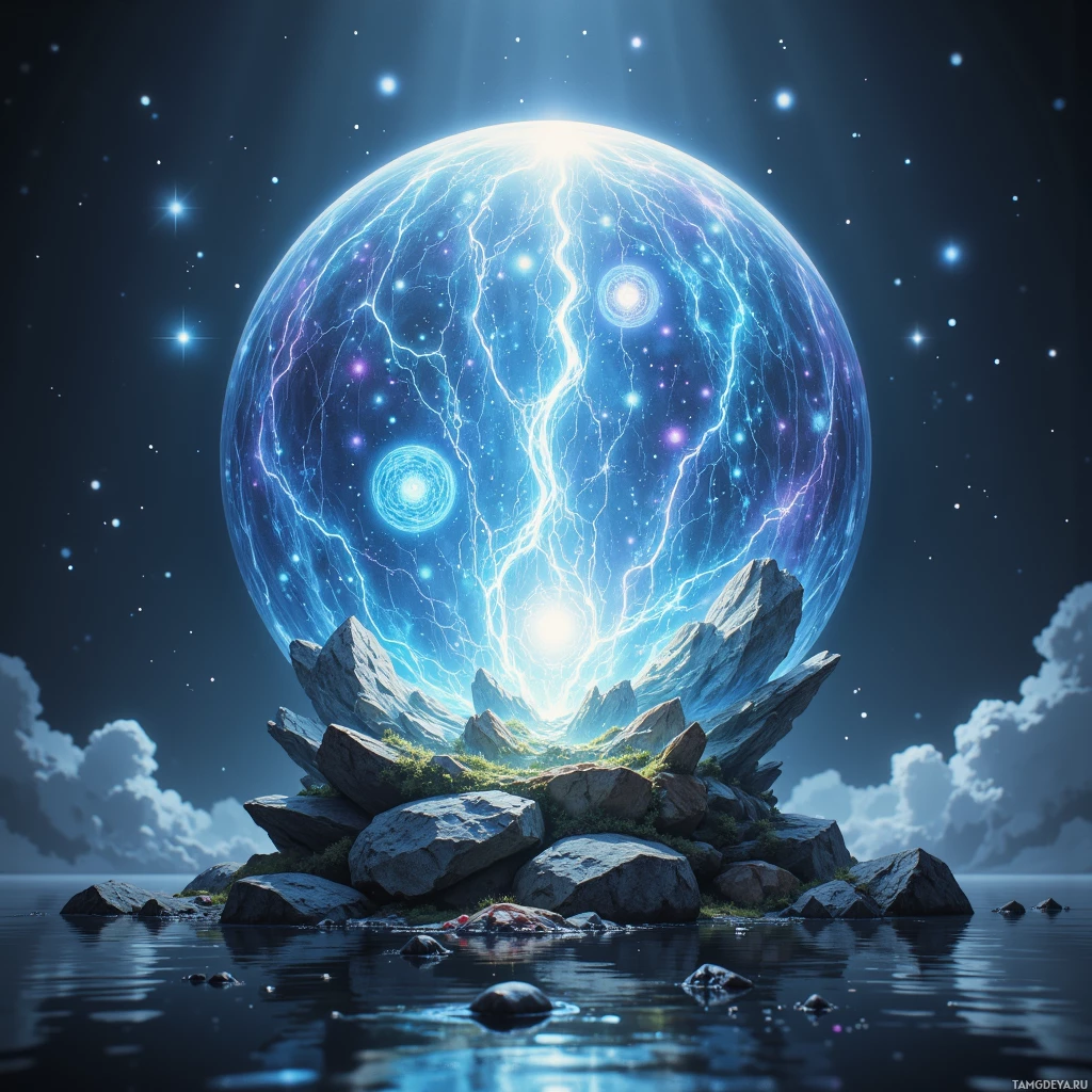 A glowing, electric sphere hovers above a rocky island surrounded by water under a starry sky.