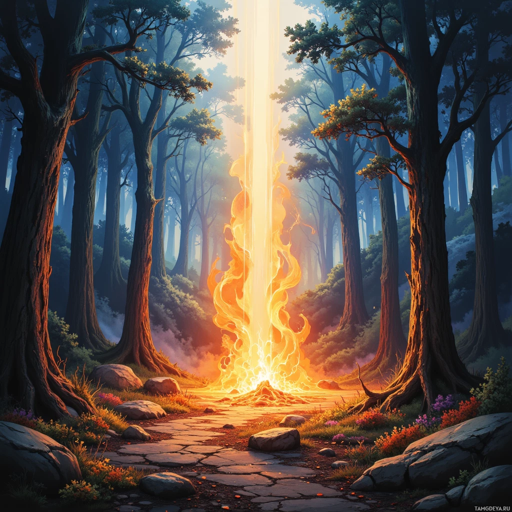 A serene forest scene with a glowing path leading to a bright light at the end.