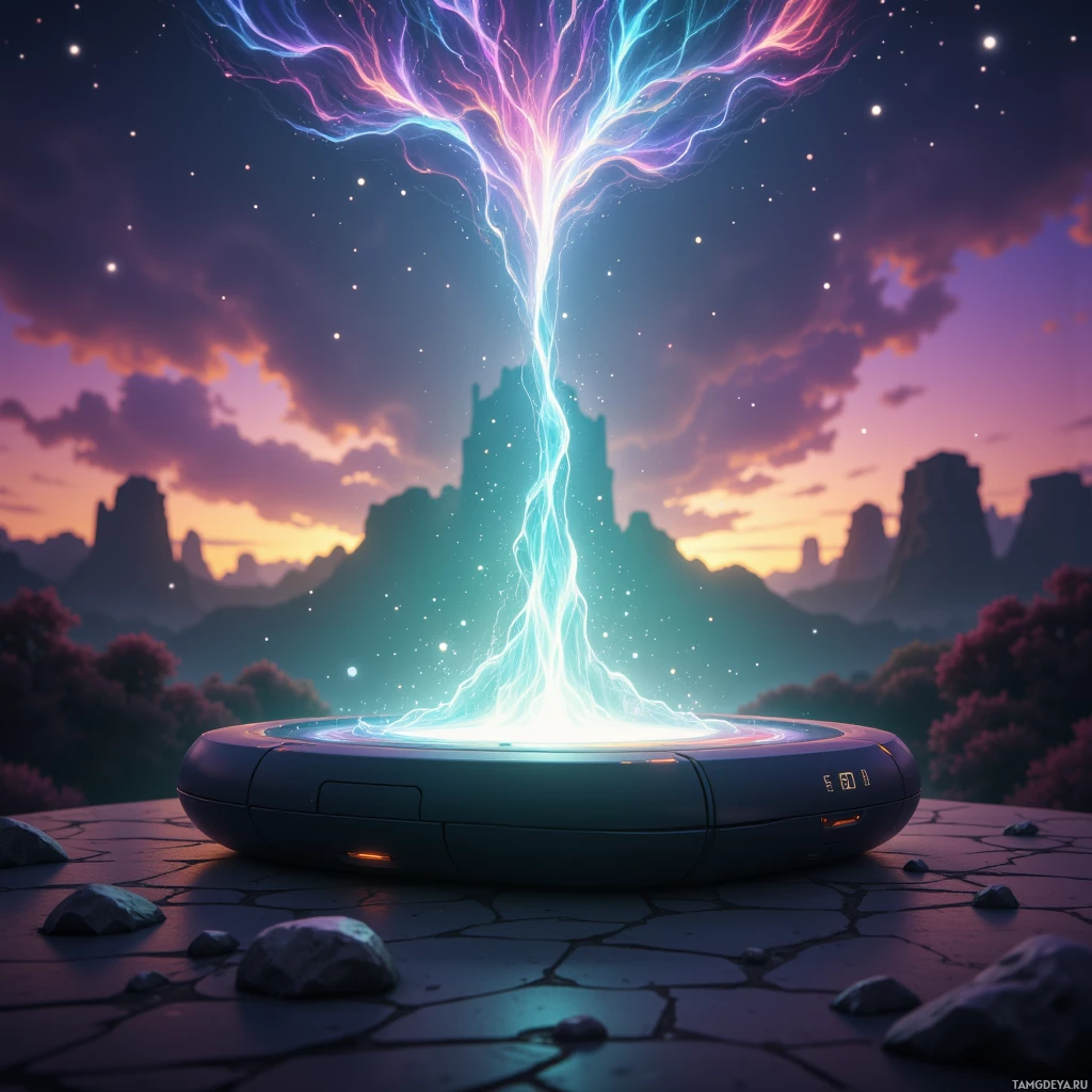 A glowing, futuristic device emits a vibrant, electric light beam into the sky against a backdrop of a colorful sunset and distant mountains.