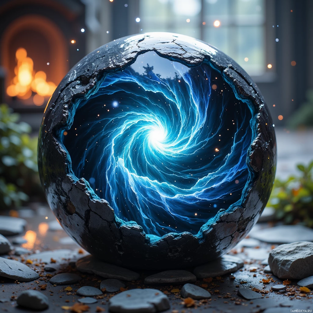 A glowing, swirling blue vortex within a cracked, spherical object surrounded by stones and a softly lit background.