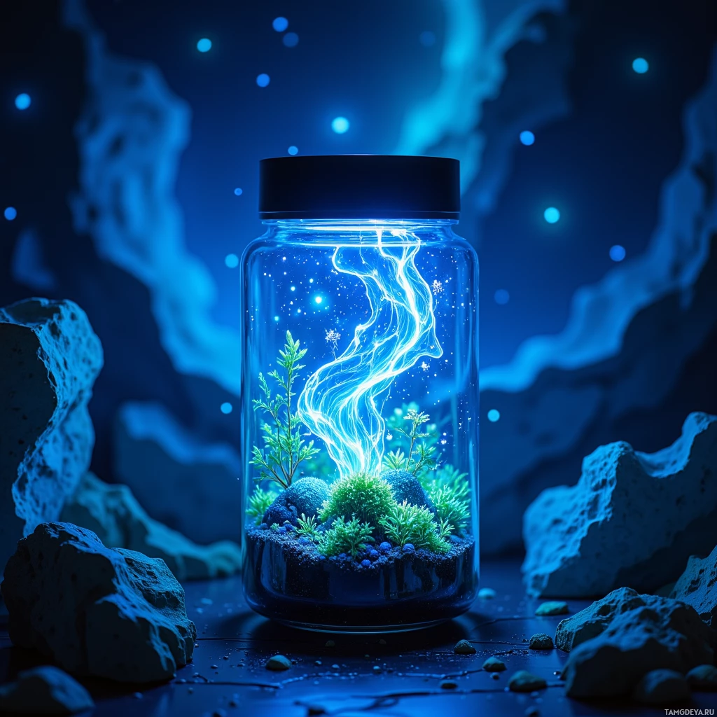 A glowing terrarium with plants and rocks inside a glass jar, set against a starry night sky.