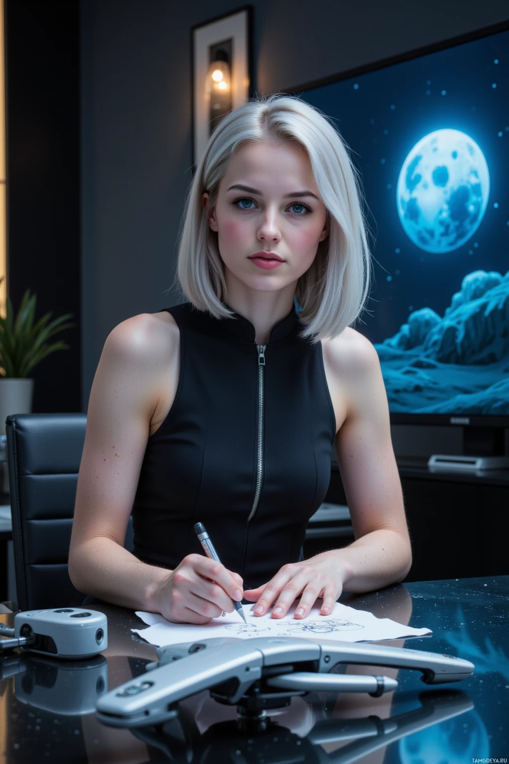 A woman with short blonde hair sits at a desk, holding a pen and looking at a drawing on paper.