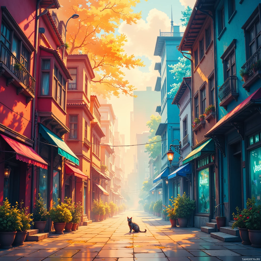 A vibrant street scene with colorful buildings, potted plants, and a cat sitting on the pavement.