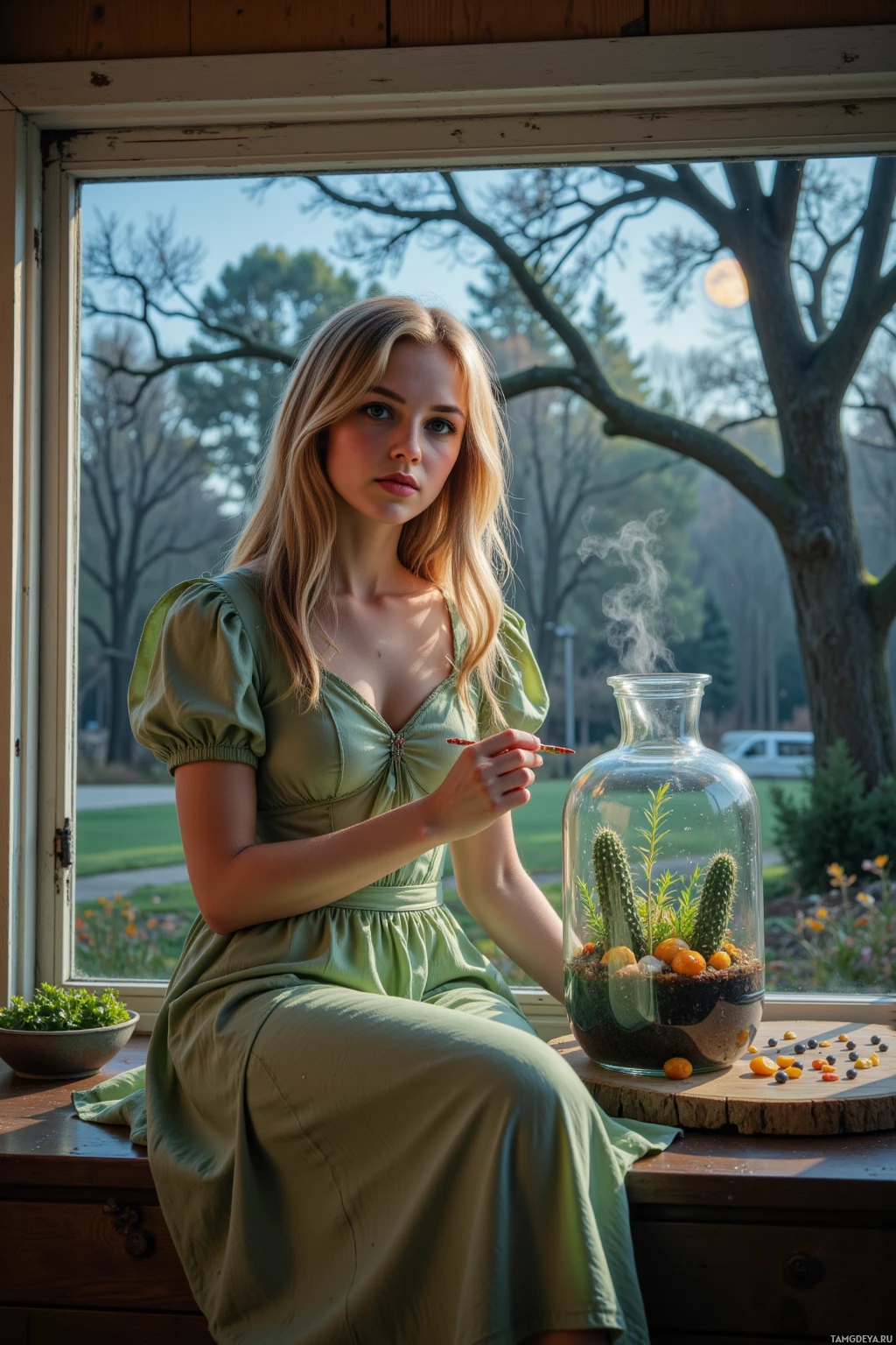 A woman in a green dress sits by a window, holding a pencil near a terrarium with cacti.
