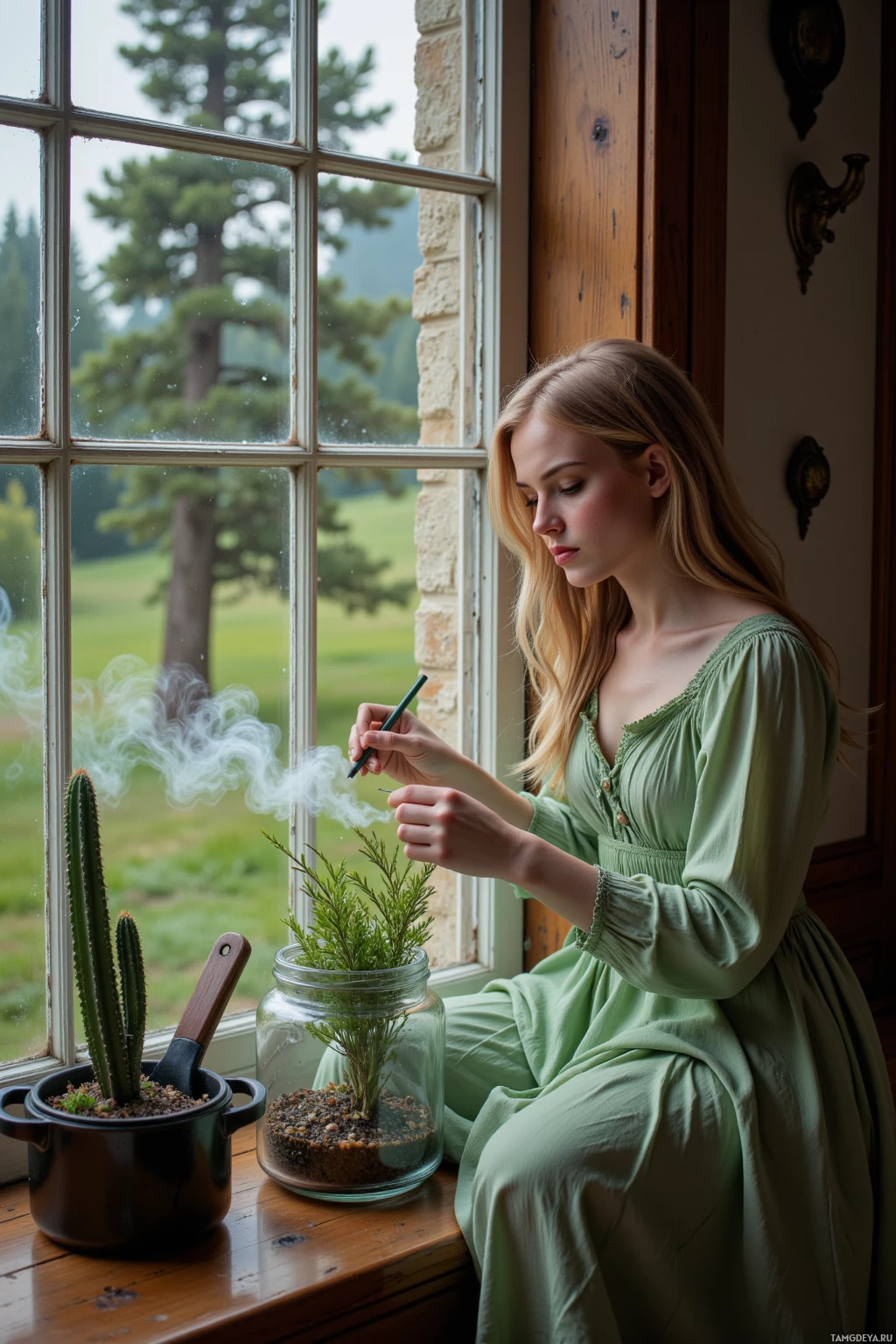 A woman in a green dress sits by a window, tending to a terrarium with a cactus and other plants.
