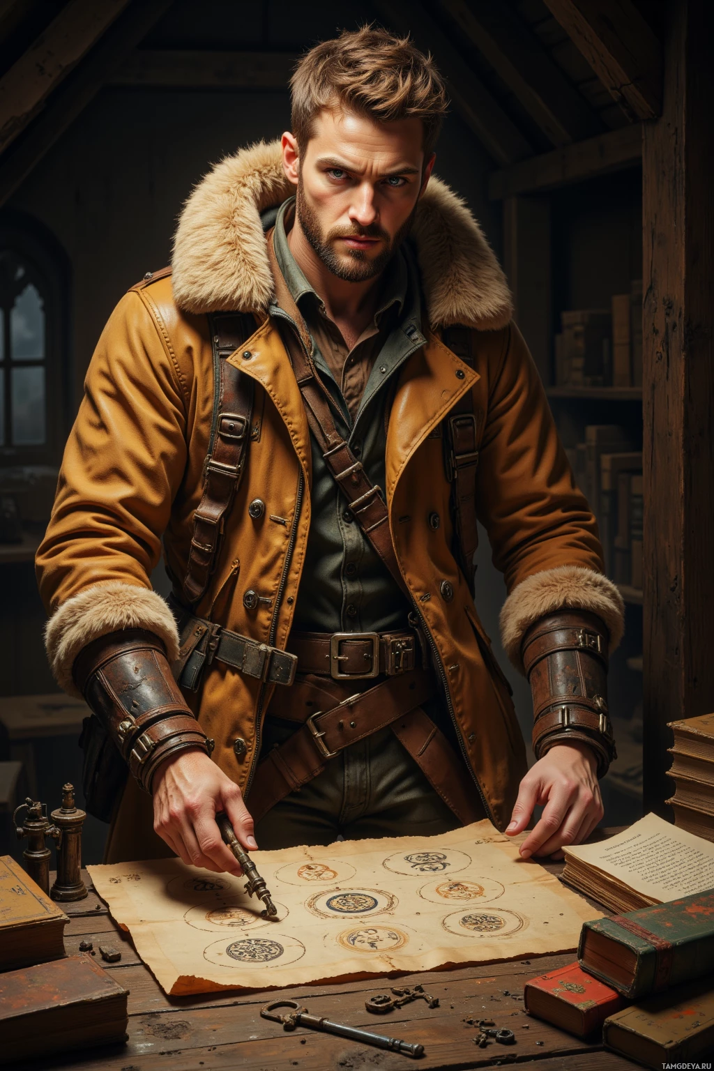 A man in a rugged, fur-trimmed leather jacket sits at a desk with books and a key, surrounded by a dimly lit, rustic interior.