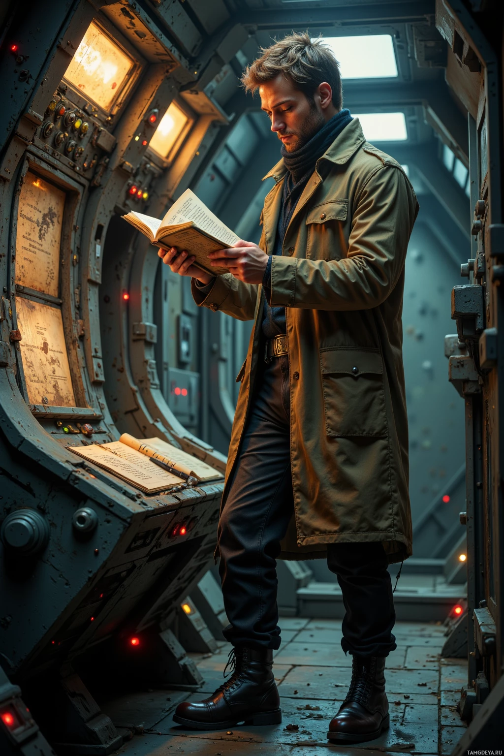 A man in a trench coat reads a book inside a dimly lit, industrial-looking compartment.