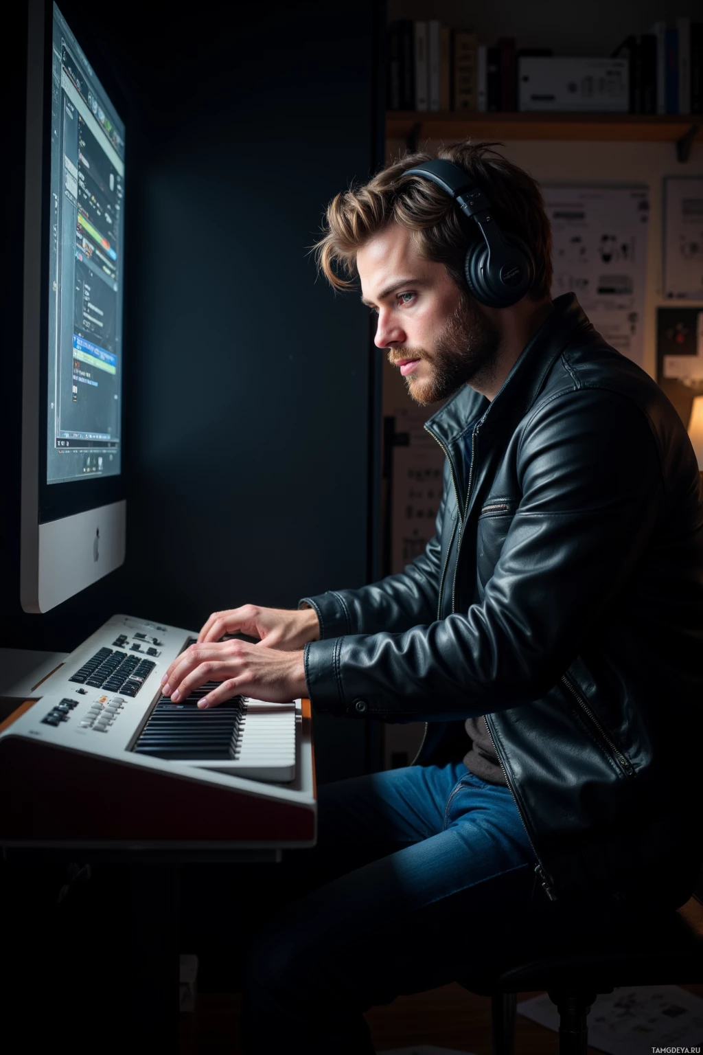 A person wearing headphones sits at a desk, working on a computer with a music production software displayed on the screen.