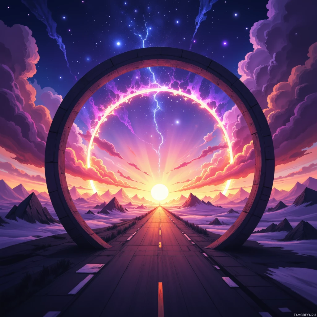 A futuristic circular portal leads to a vibrant, cosmic landscape with mountains and a glowing sun.