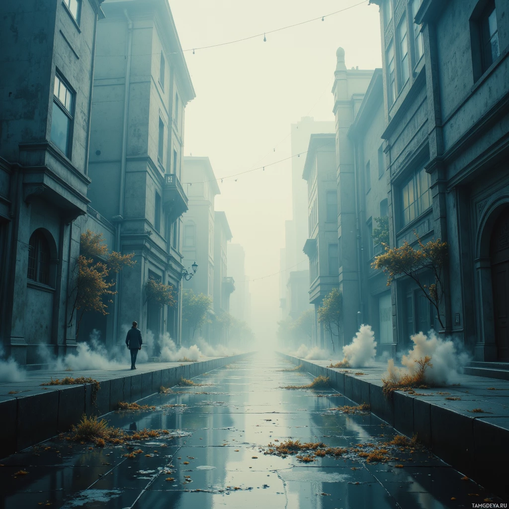 A solitary figure walks down a foggy, deserted street lined with old buildings.