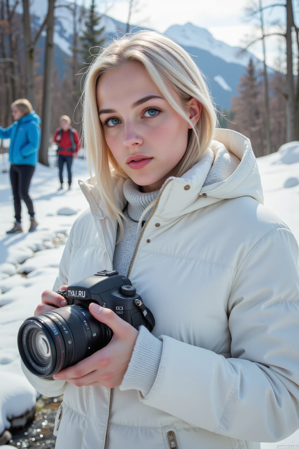 A person in a white jacket holding a camera stands in a snowy landscape with trees and mountains in the background.