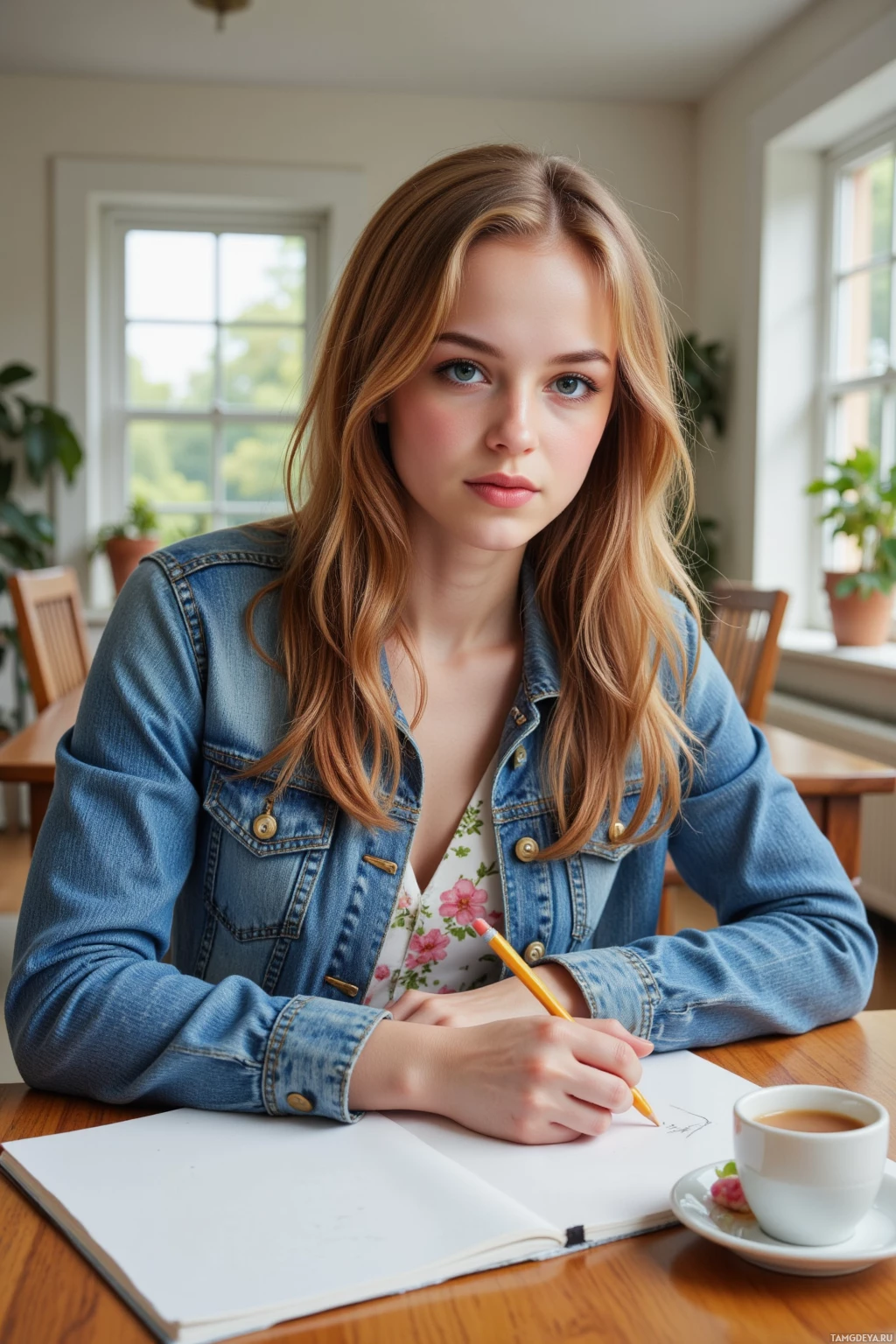 A young woman in a denim jacket sits at a table, writing in a notebook with a pencil.