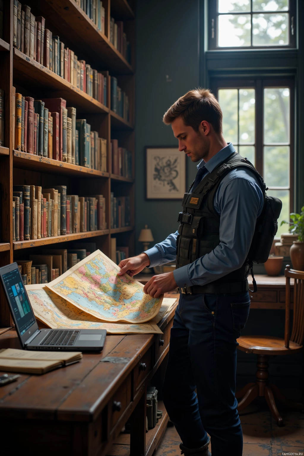 A man stands in a library, examining a map on a desk.