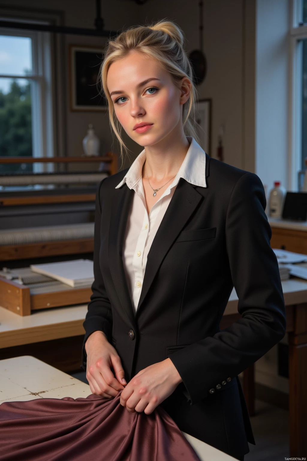 A woman in a professional outfit stands in a room with a window and desk.