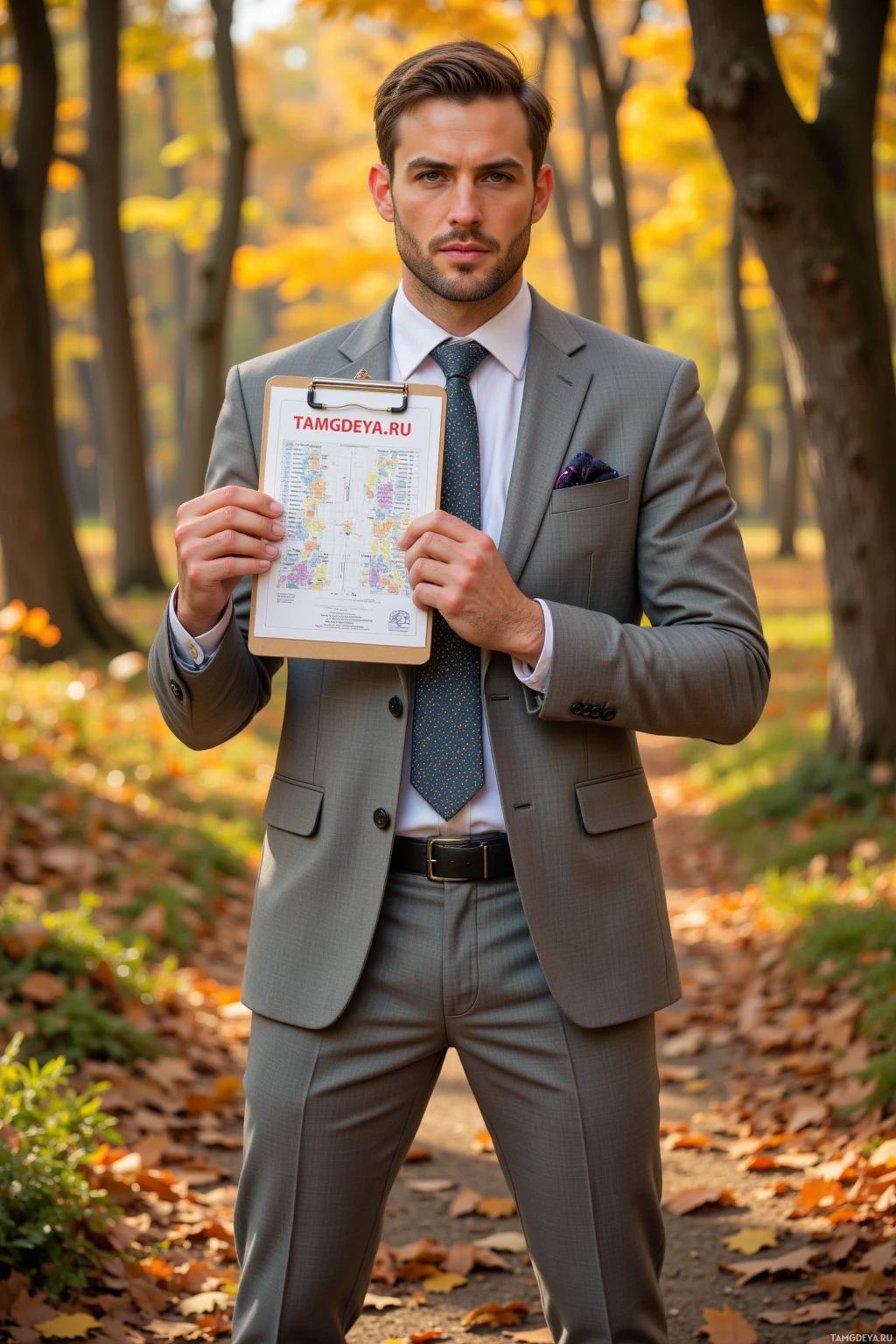 A man in a suit holds a clipboard with text in a park.
