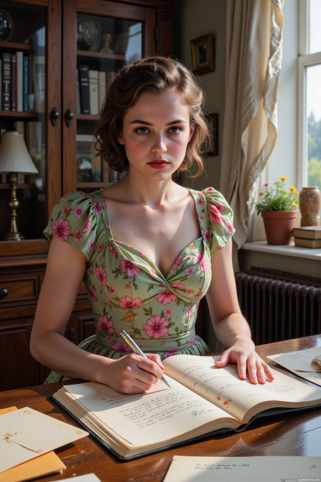A woman in a floral dress is writing in a notebook at a desk.