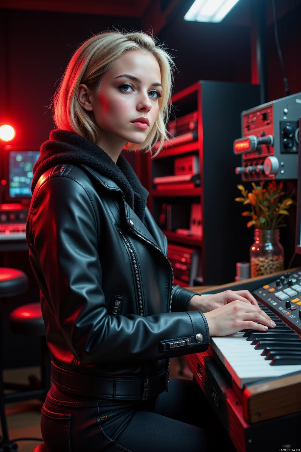 A person in a leather jacket sits at a keyboard in a dimly lit room with red lighting.