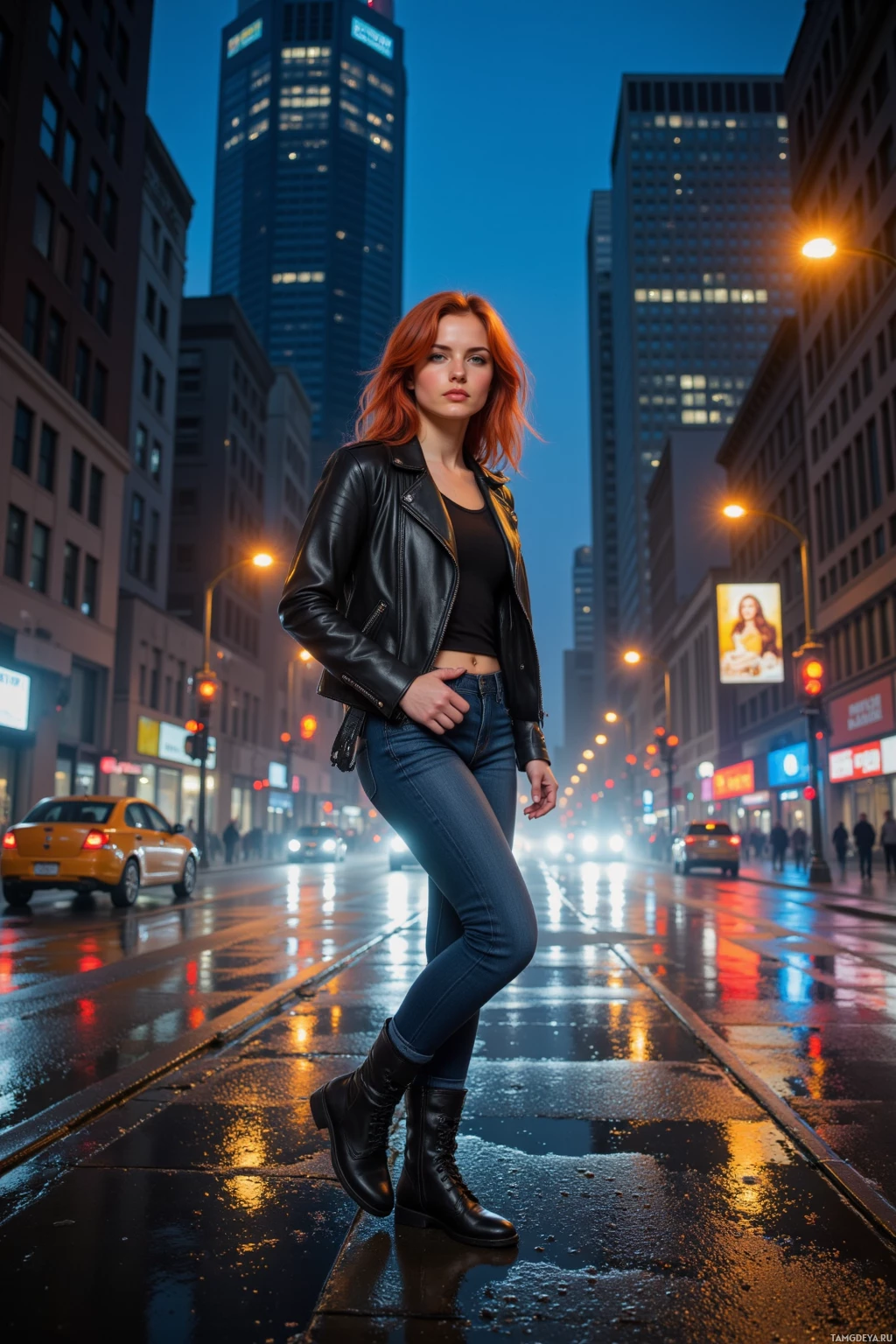 A woman stands on a wet city street at dusk, wearing a leather jacket and jeans, with tall buildings and illuminated signs in the background.