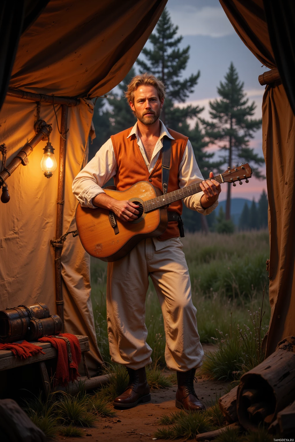 A man stands outside a tent, holding a guitar, with a rustic camp setting in the background.
