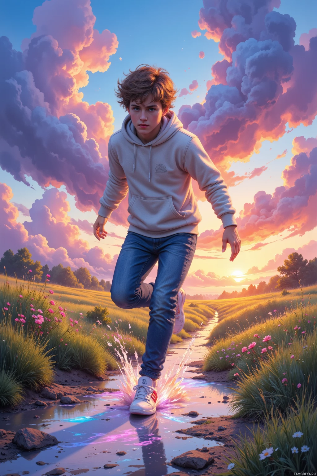 A young person in a hoodie and jeans runs through a vibrant, colorful landscape at sunset.