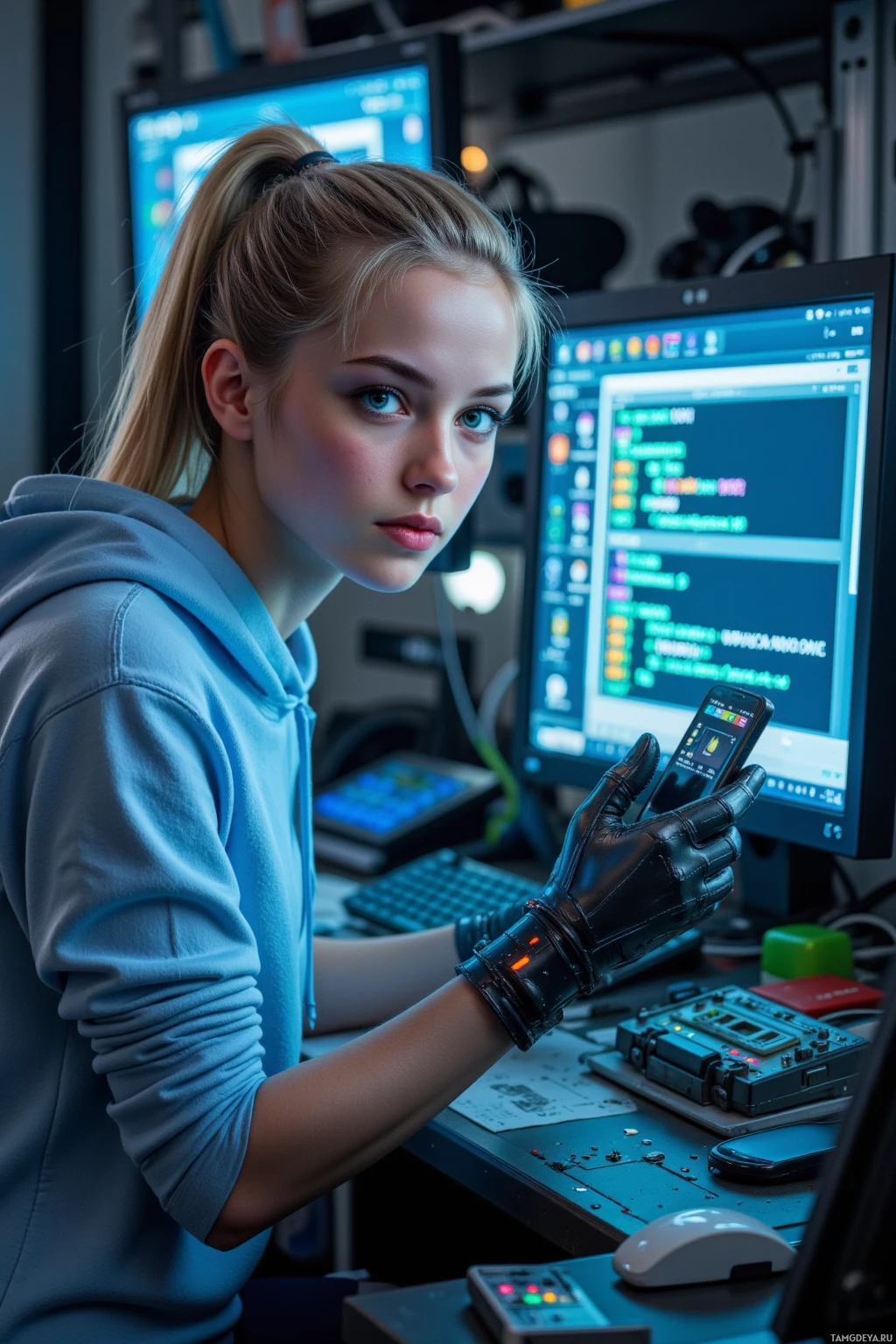 A person wearing a hoodie and a futuristic glove is working at a desk with a computer and other equipment.
