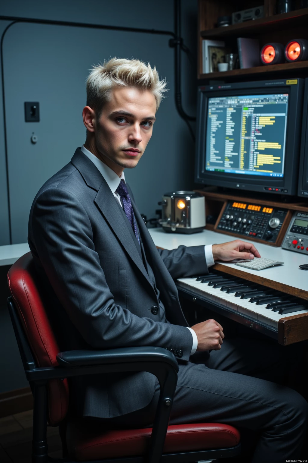 A man in a suit sits at a desk with a computer and keyboard in a dimly lit room.