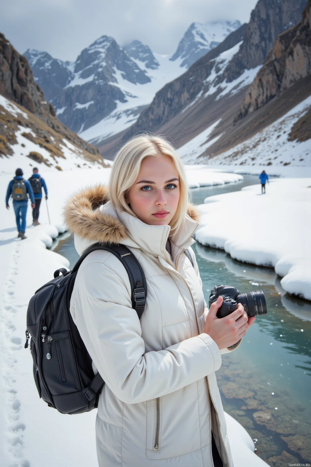 A person in a white coat and backpack stands near a snowy river, holding a camera, with hikers and mountains in the background.