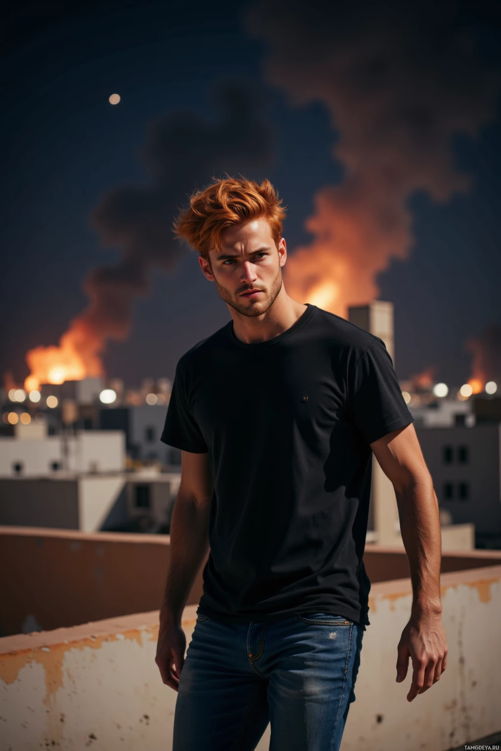 A man stands on a rooftop at night, wearing a black t-shirt and jeans, with a cityscape and smoke in the background.