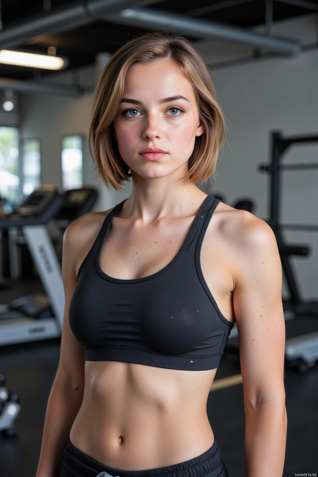 A woman in a gym wearing a black sports bra and black shorts.