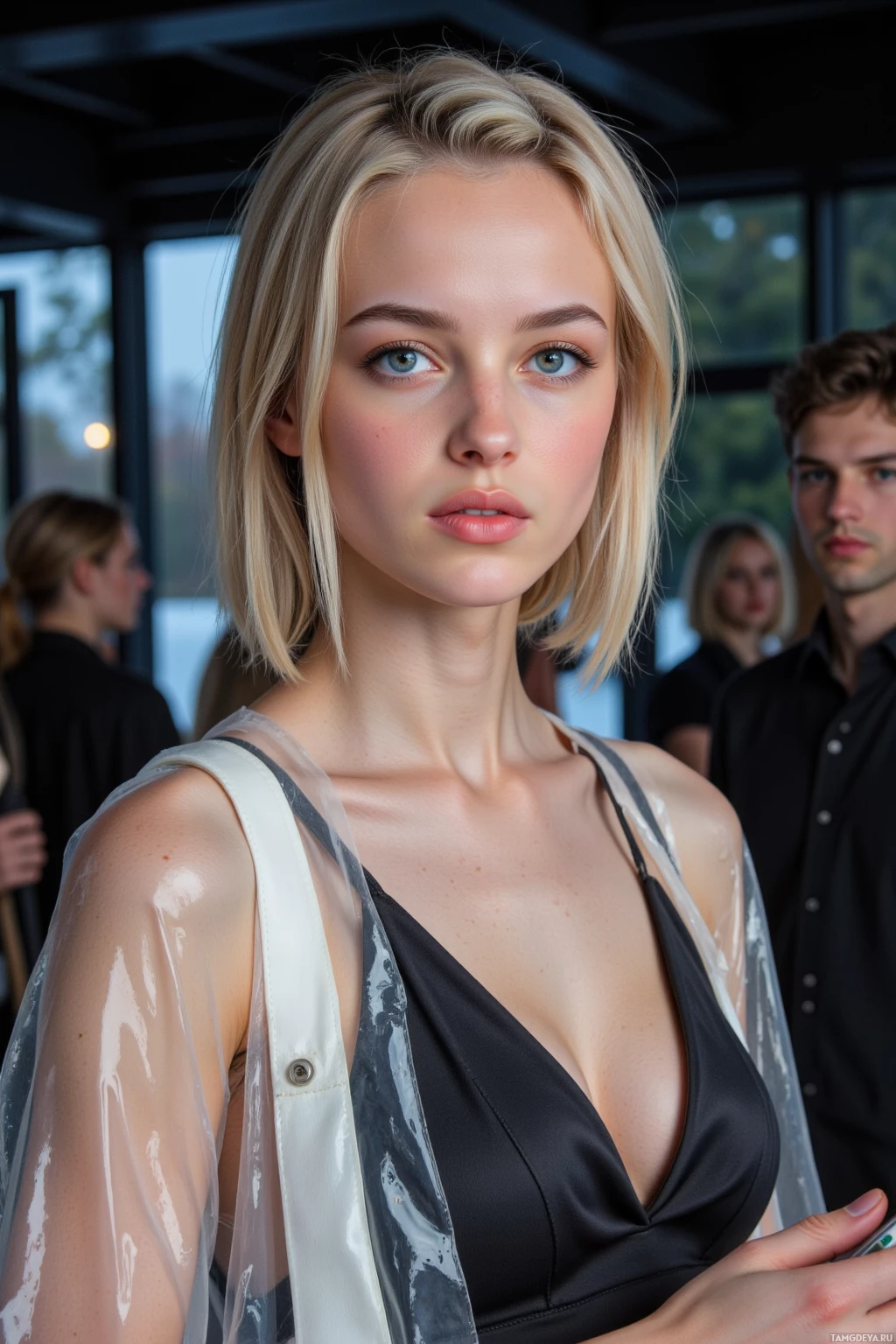 A woman with blonde hair and a black top stands in a room with others.