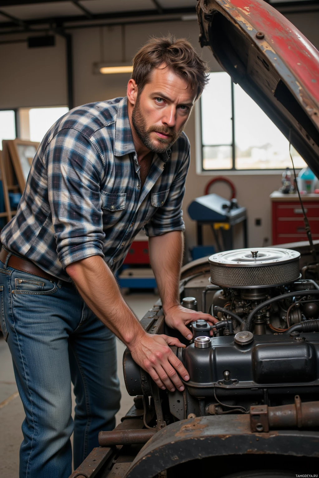 A man in a plaid shirt leans over a car engine in a garage.