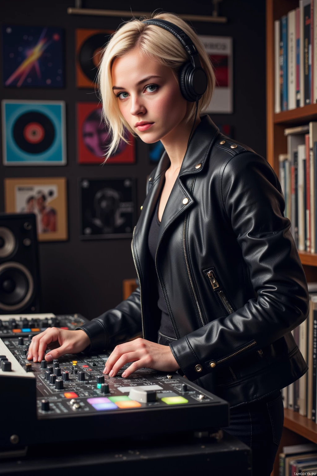A person wearing a black leather jacket and headphones stands in front of a music mixing console.