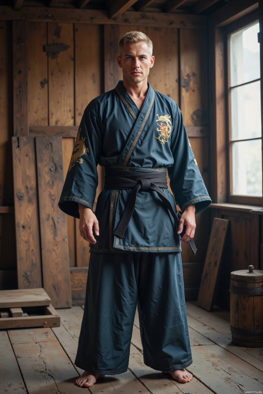 A person stands in a wooden room wearing a traditional dark blue robe with gold dragon embroidery.