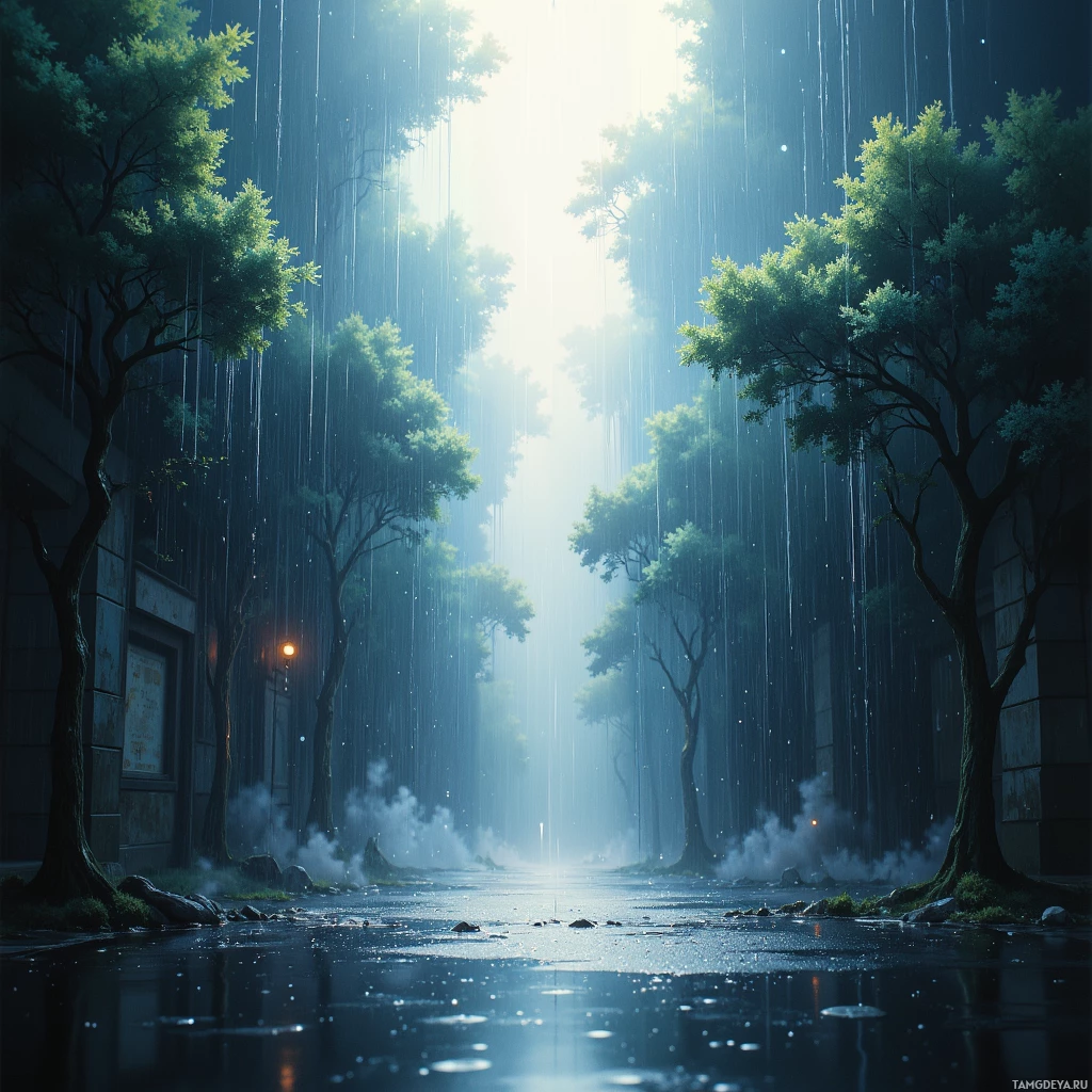 A serene rainy night scene with trees lining a path, illuminated by a soft light at the end.