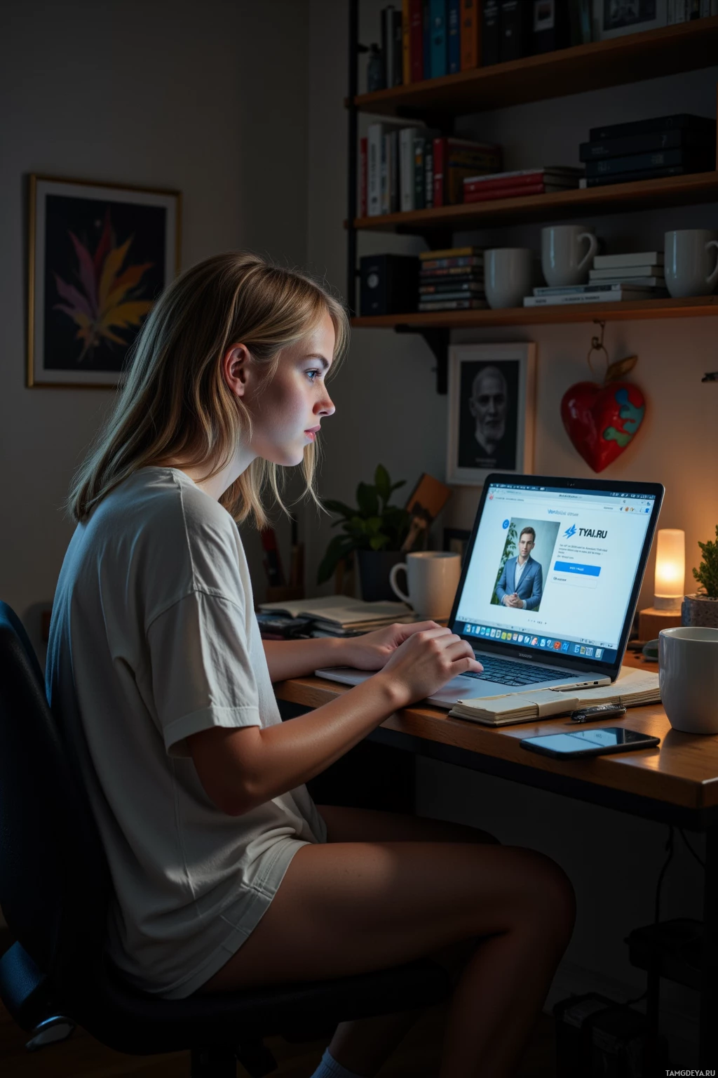 A person is sitting at a desk, working on a laptop in a dimly lit room with bookshelves and a lamp.