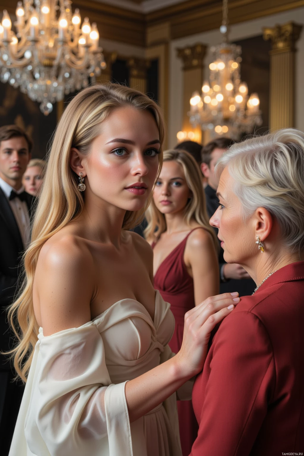 A woman in a cream dress adjusts another woman's red dress at a formal event.