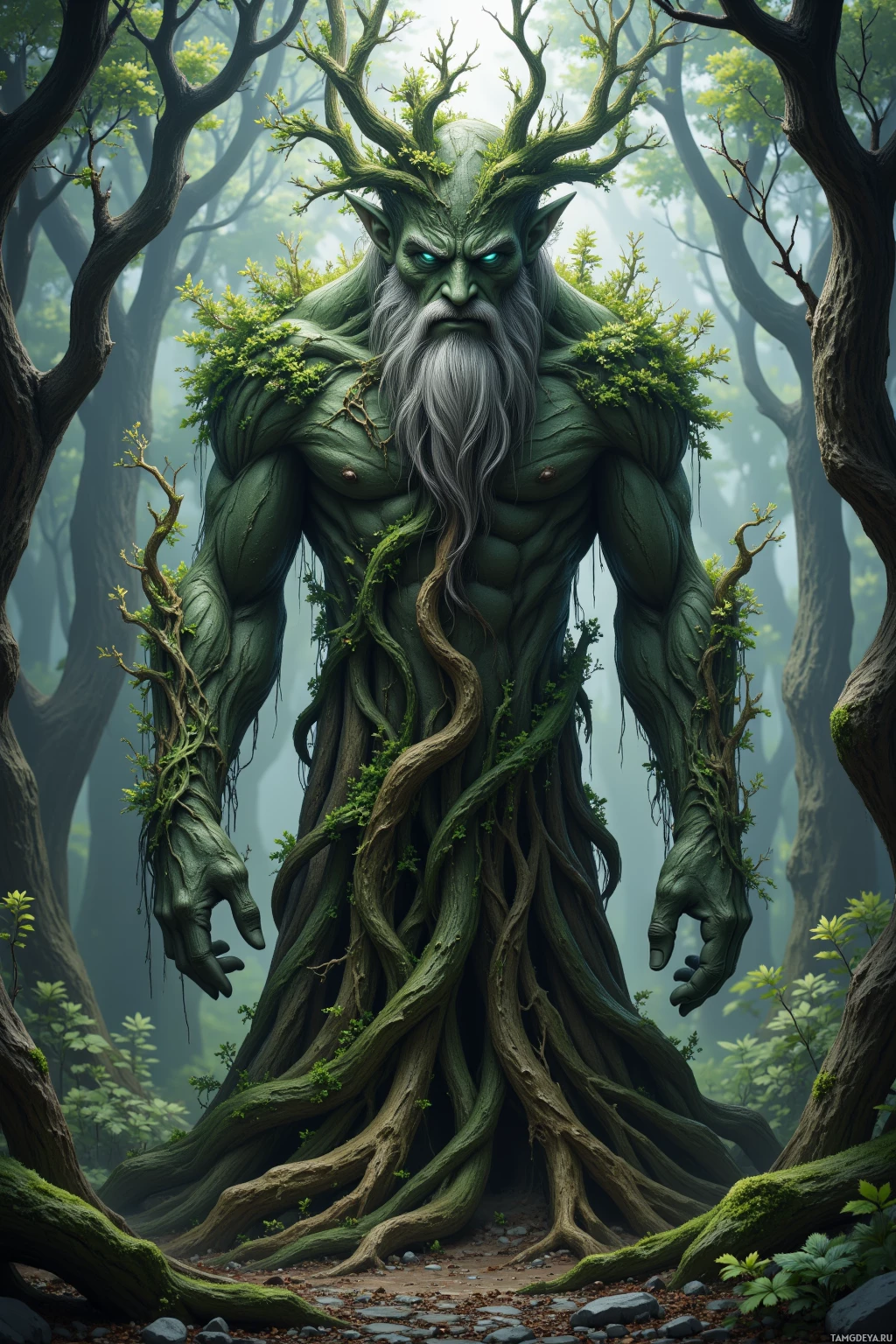 A muscular, tree-like creature with a long beard and glowing eyes stands in a forest.