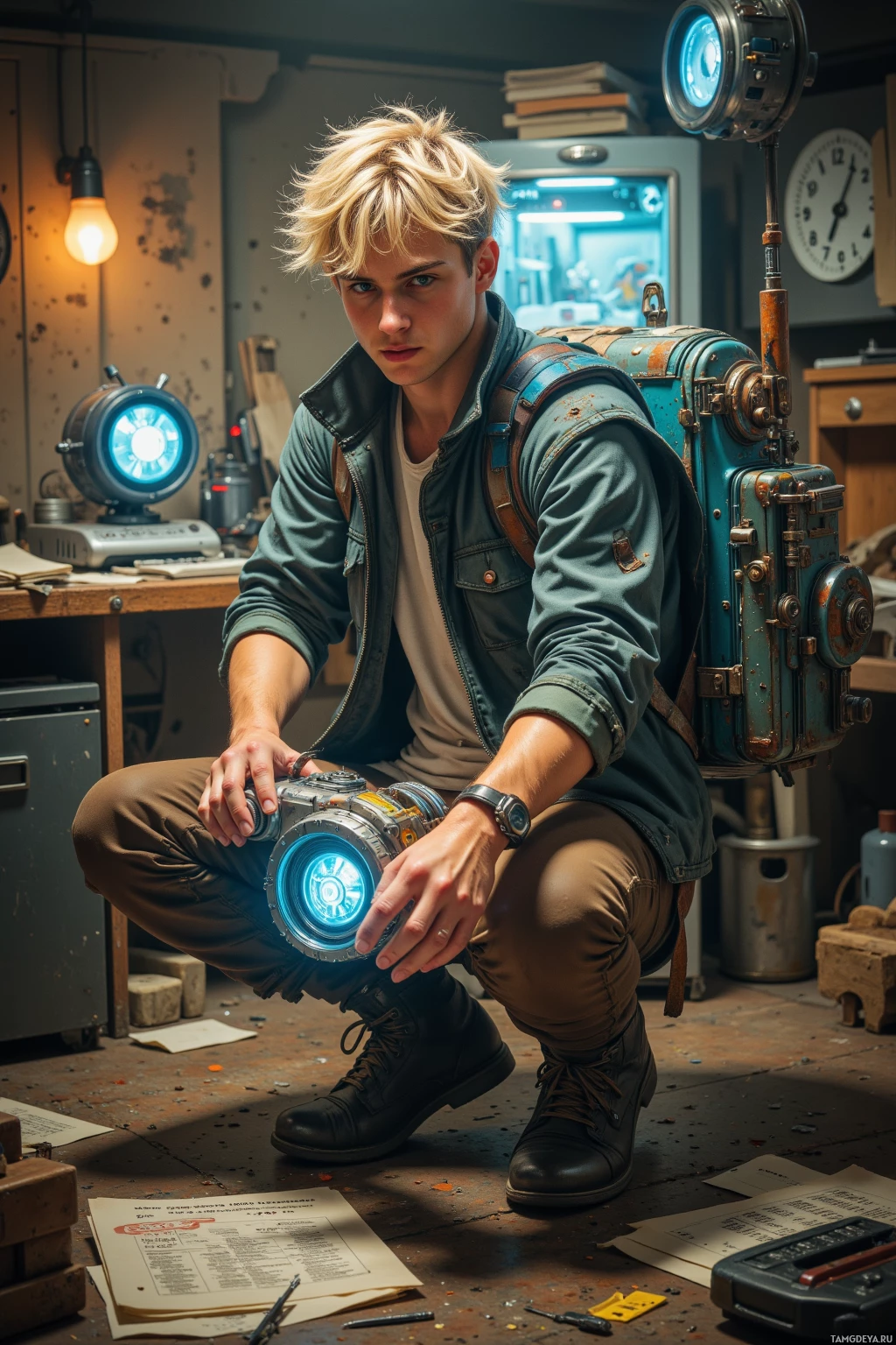 A person in a workshop setting, holding a glowing circular device, wearing a jacket and boots.