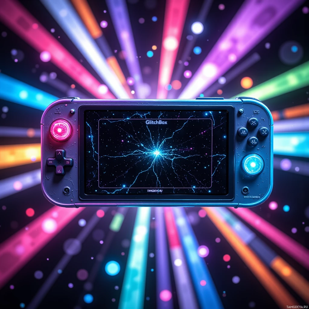 A futuristic handheld gaming device with glowing buttons and a vibrant, colorful background.