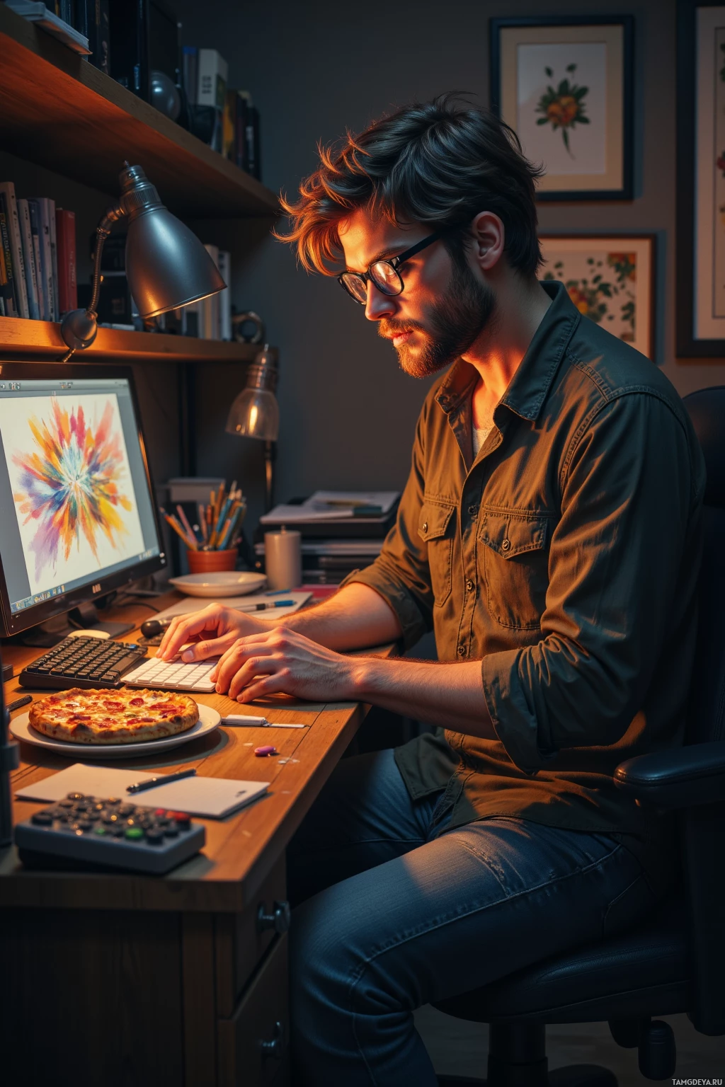 A man is working at a desk with a computer, surrounded by books and a pizza on the desk.