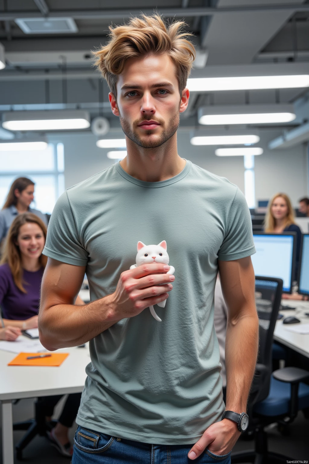 A man in a casual office setting holds a small white cat figurine.