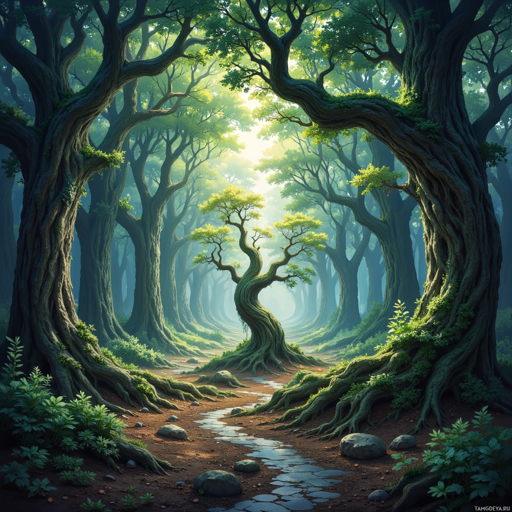 A serene forest scene with tall, twisted trees and a winding stream.