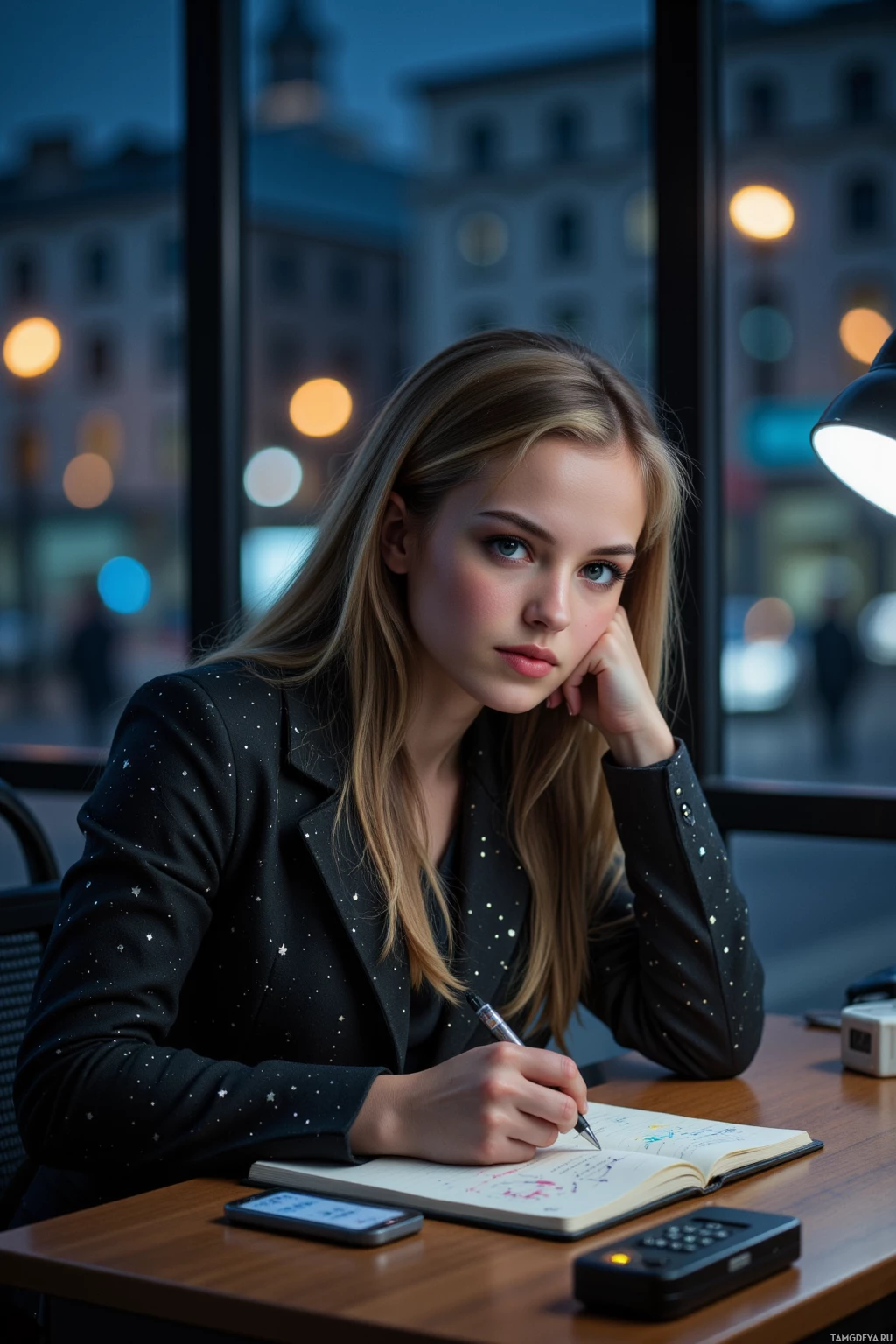A woman sits at a desk, writing in a notebook with a pen, in a dimly lit room with a cityscape visible through the window.