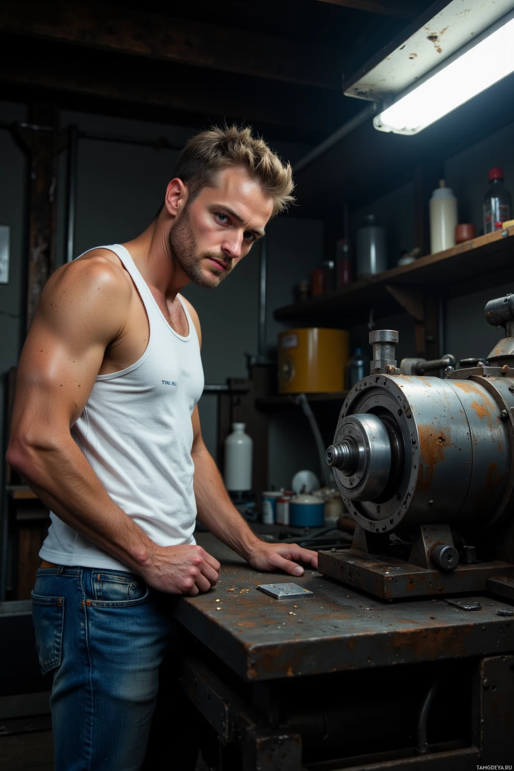 A man in a white tank top stands in a workshop, leaning on a workbench with a machine in the background.