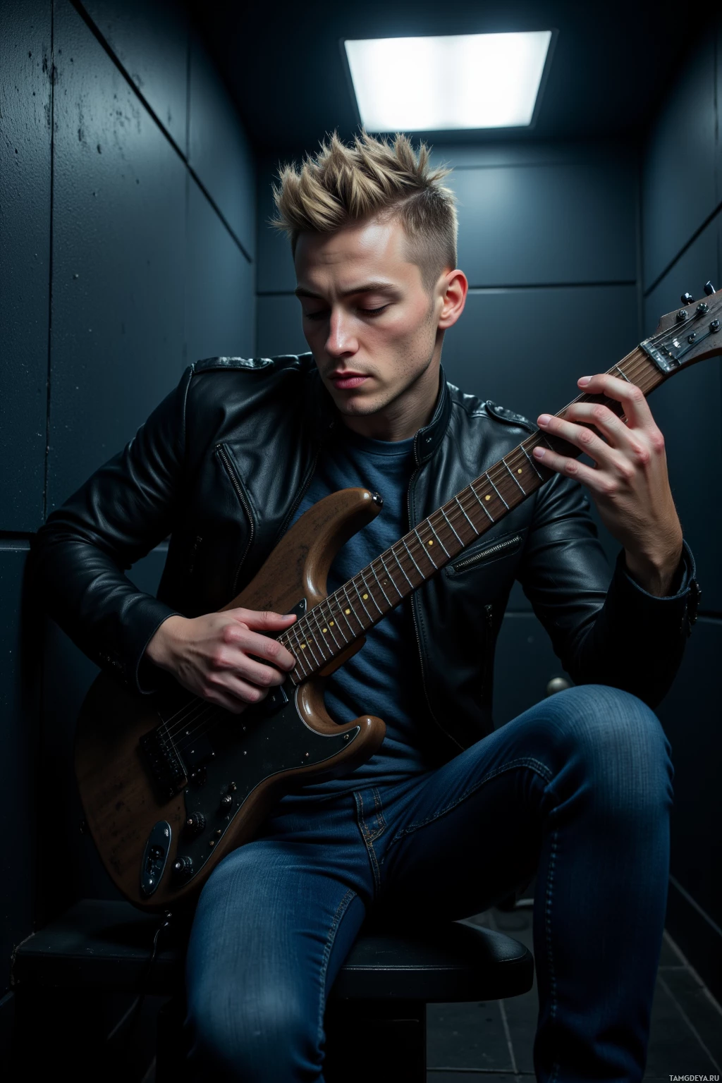 A person in a leather jacket plays an electric guitar in a dimly lit room.