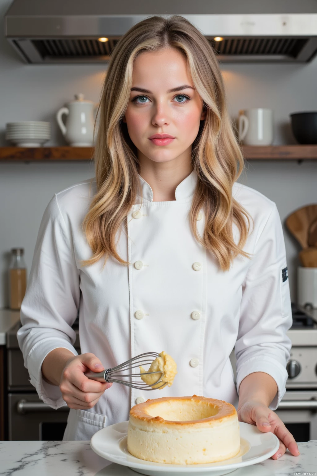 A person in a chef's uniform holds a whisk and a cheesecake on a plate in a kitchen.