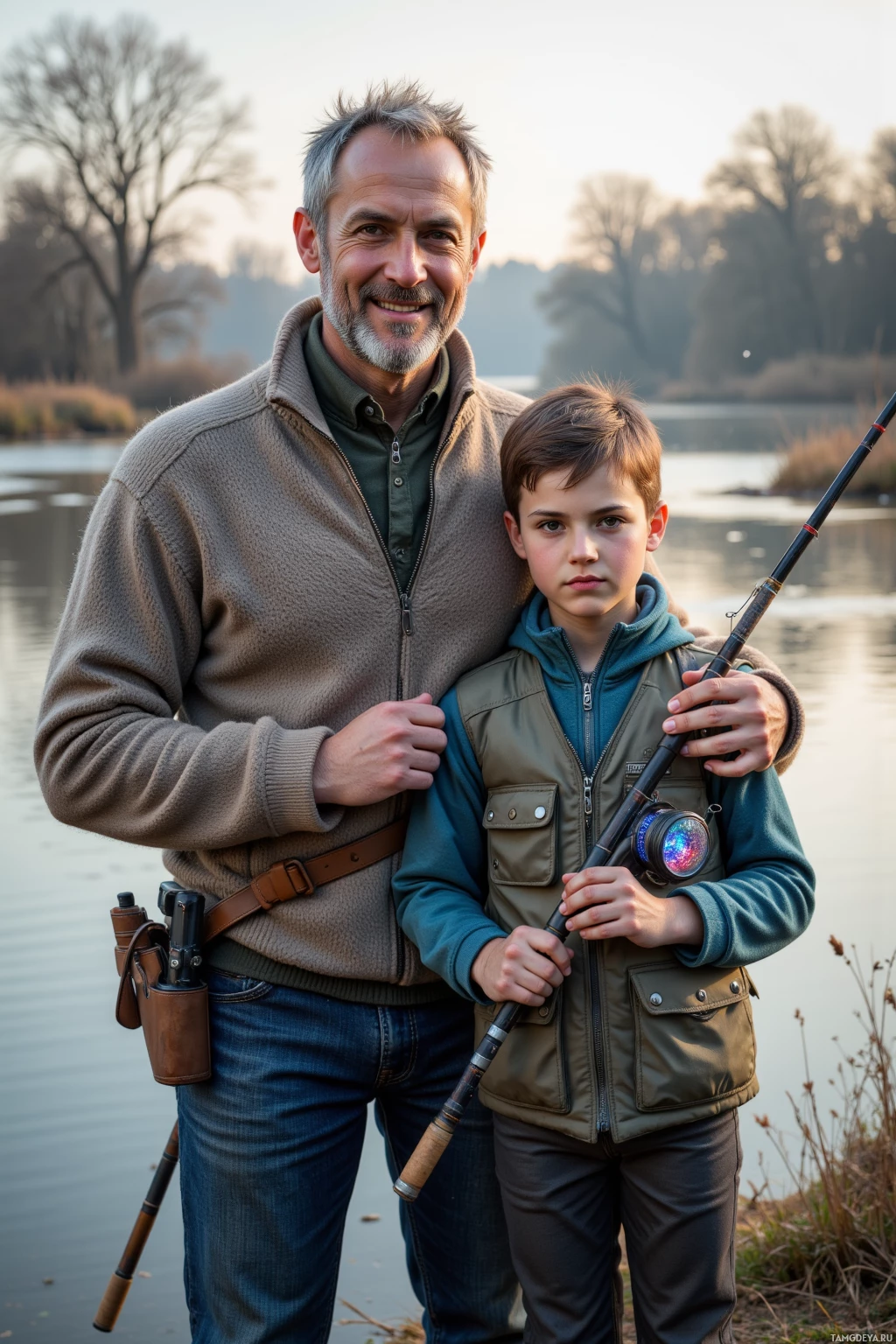 A man and a boy stand by a lake, both holding fishing rods, smiling at the camera.