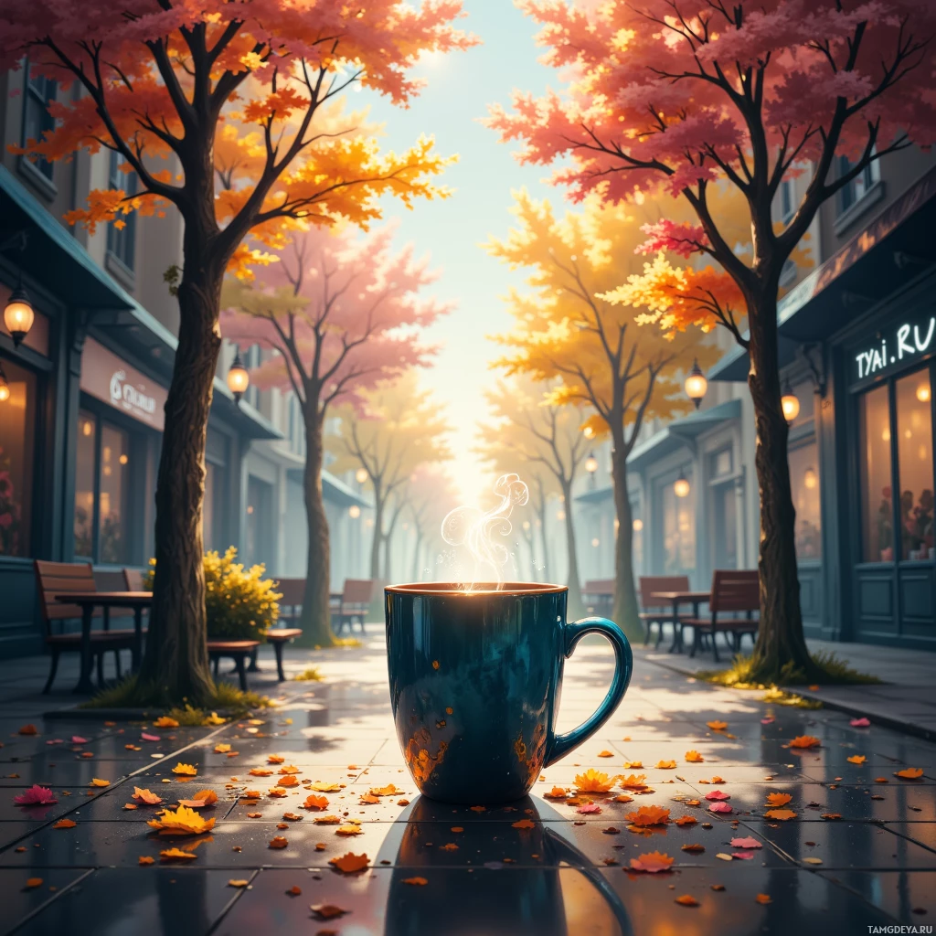 A cozy autumn scene with a steaming coffee cup on a sidewalk lined by colorful trees and shops.