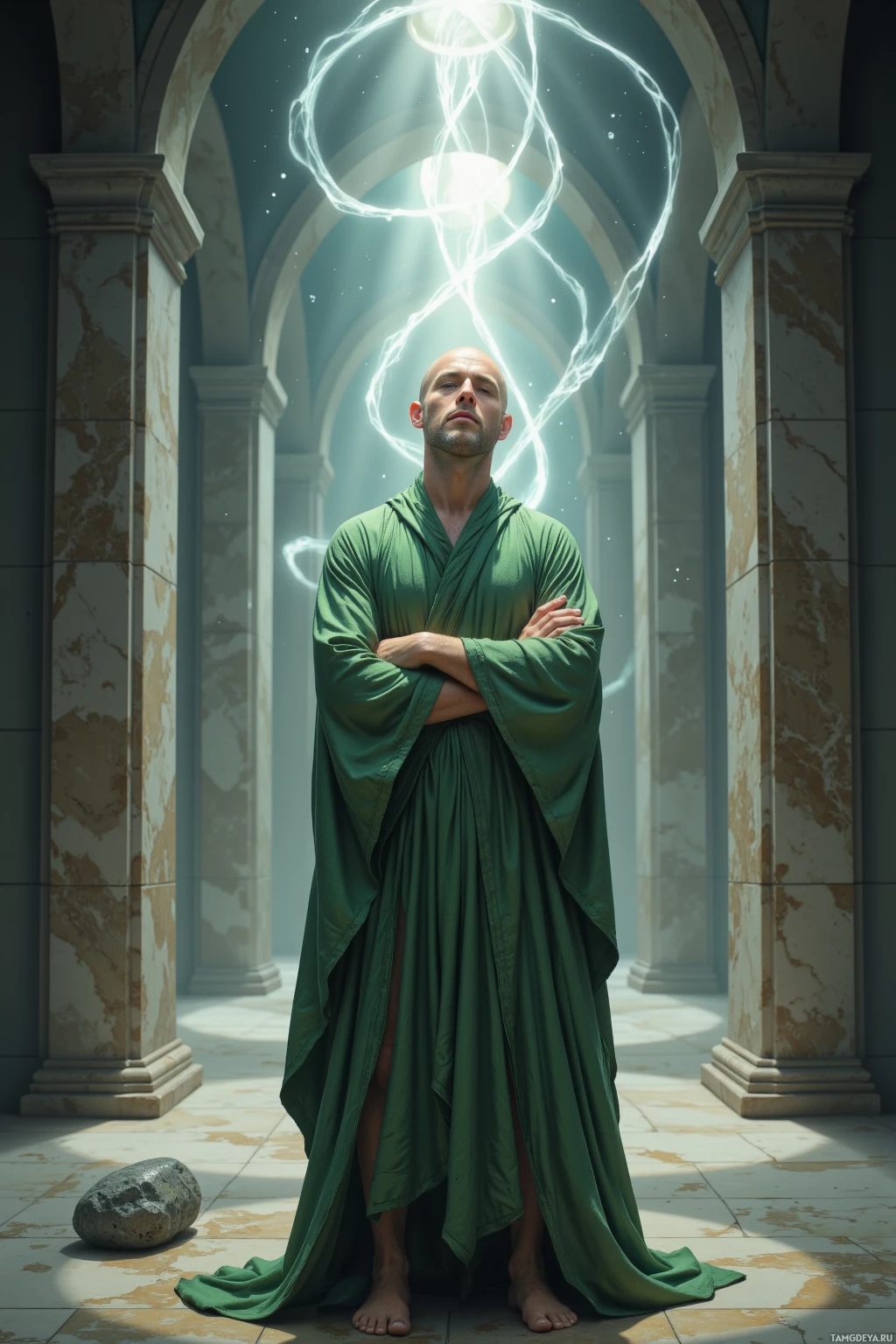 A man in a green robe stands in a classical archway with a glowing, ethereal light above his head.