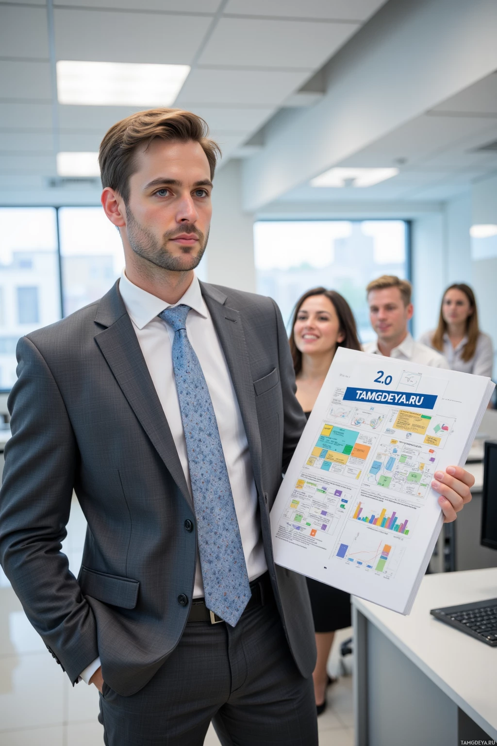 A man in a suit holds a document in an office setting.